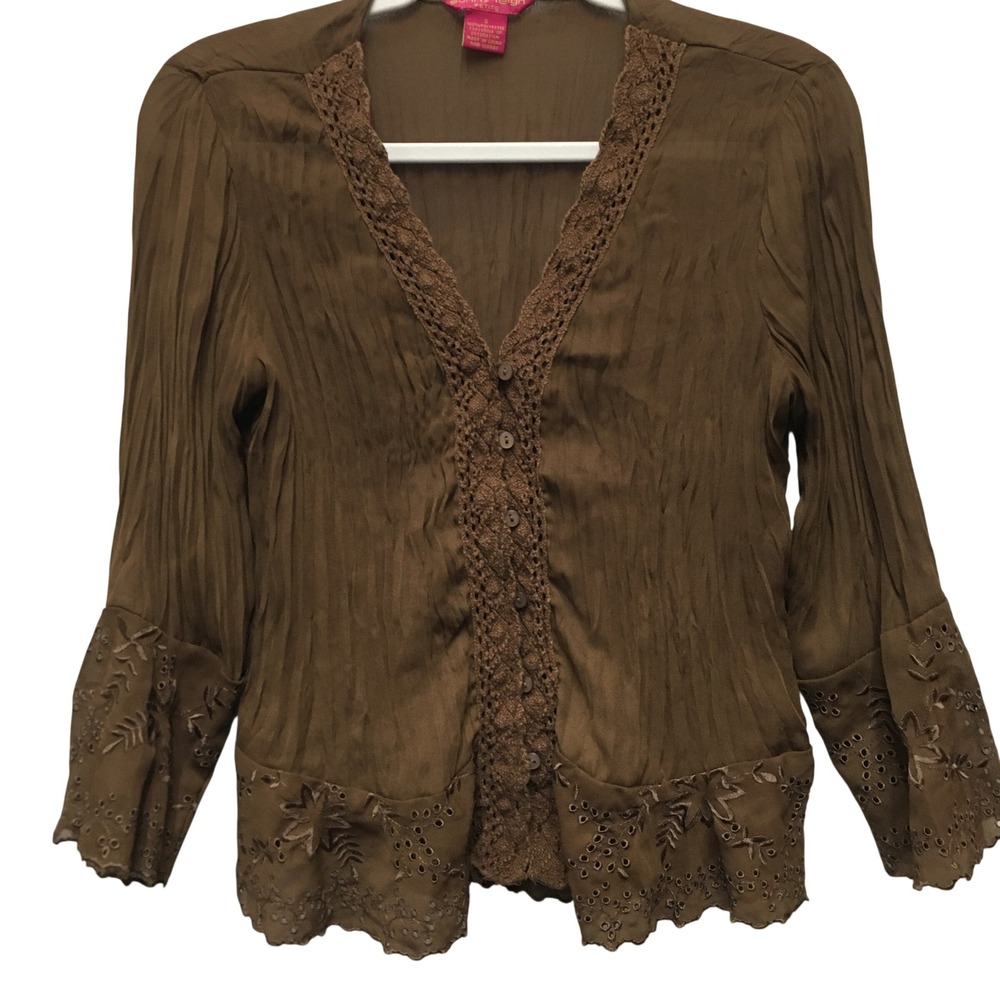 Crochet Embroidered Eyelet Crinkle Blouse Women's Small Brown Boho Cottagecore